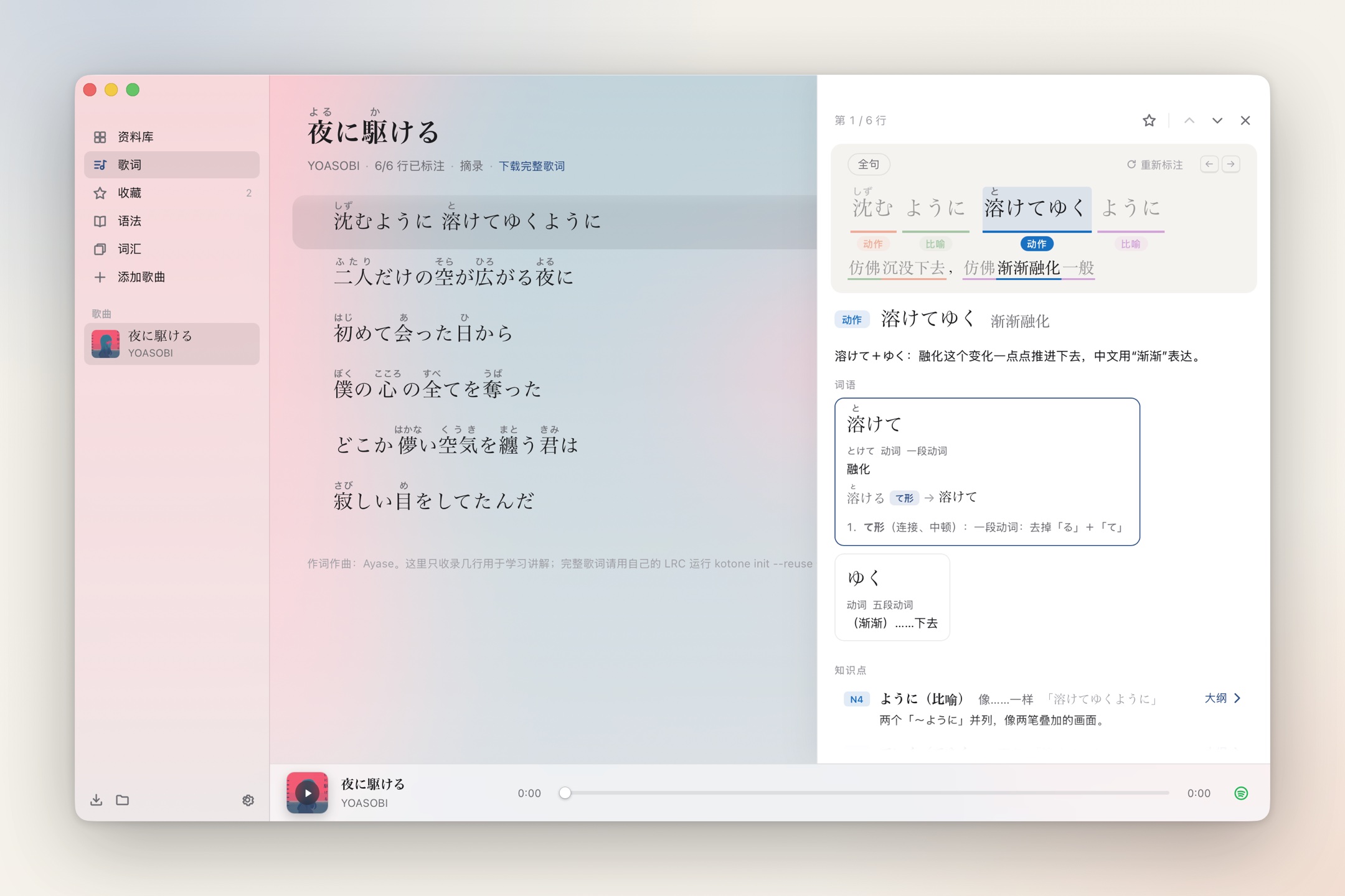 Kotone with 夜に駆ける open: lyrics with furigana, and one line taken apart